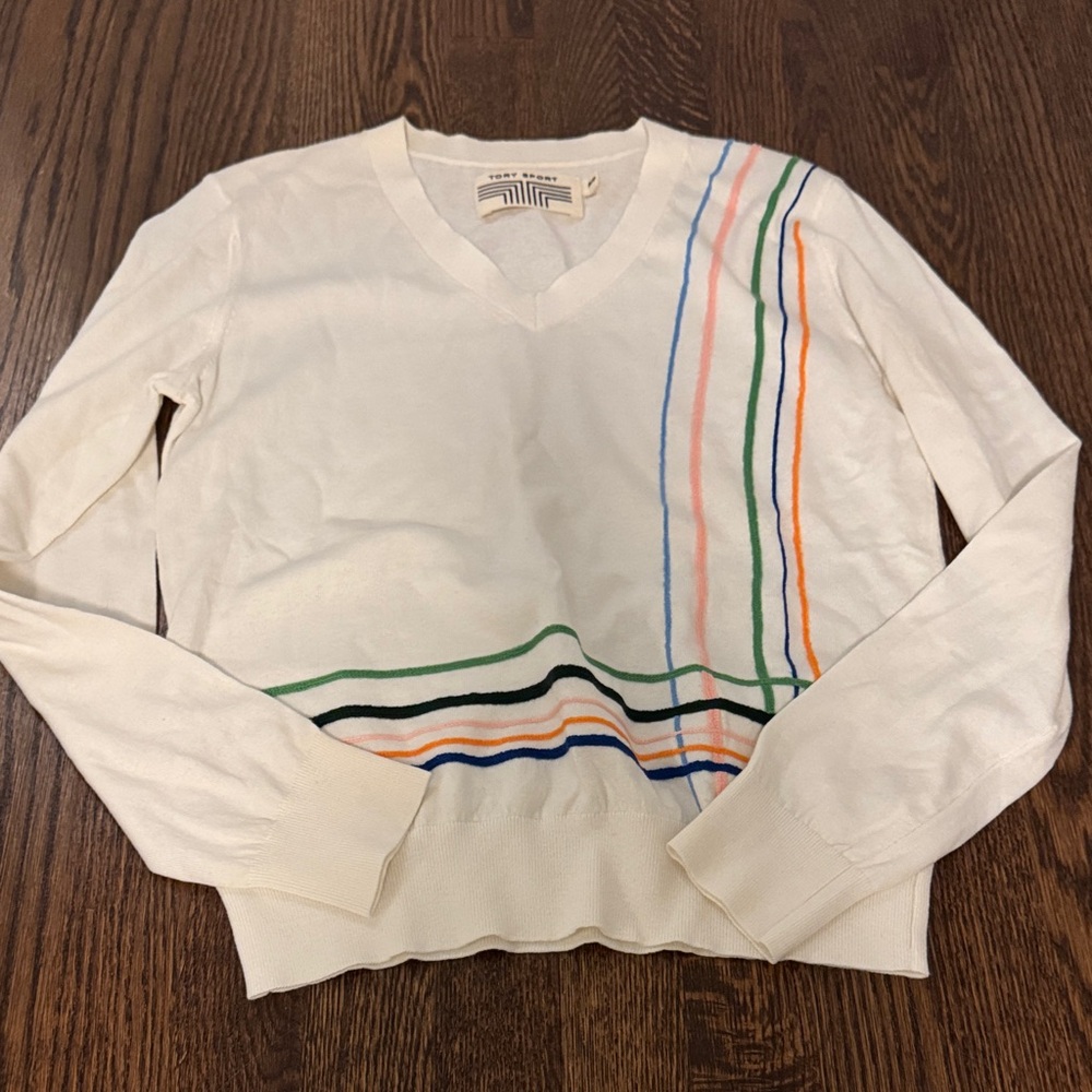 Cream V-Neck Sweater with Multicolor Stripe Detail